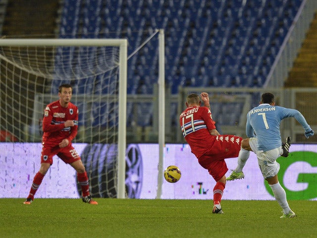 Lazio's Brazilian midfielder Felipe Anderson shoots to score a goal against Sampdoria during their Italian Serie A football match on 5 January, 2015