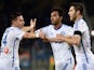 Marseille's French forward Billel Omrani is congratulated by Marseille's French forward Andre-Pierre Gignac and Marseille's French midfielder Florian Thauvin after scoring a goal during the French L1 football match between Montpellier and Marseille, on Ja