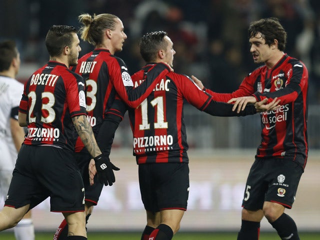 Nice's French forward Eric Bautheac celebrates after scoring a goal during the French L1 football match Nice (OGC Nice) vs Lorient (FCL) on January 10, 2015