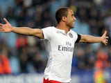 Paris Saint-Germain's Brazilian midfielder Lucas Moura celebrates after scoring a goal during the French L1 football match between Bastia and Paris Saint Germain (PSG) at the Armand Cesari stadium in Bastia on the French Mediterranean island of Corsica on