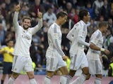 Real Madrid's defender Nacho celebrates after scoring during the Spanish league football match Real Madrid CF vs RCD Espanyol at the Santiago Bernabeu stadium in Madrid on January 10, 2015