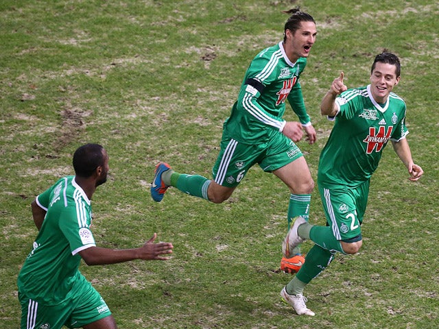 Saint-Etienne's French midfielder Romain Hamouma celebrates after scoring a goal during the French L1 football match between Reims (RS) and Saint-Etienne (ASSE) on January 10, 2015