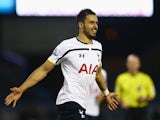 Nacer Chadli of Tottenham Hotspur celebrates scoring the opening goal during the FA Cup Third Round match between Burnley and Tottenham Hotspur at Turf Moor on January 5, 2015 
