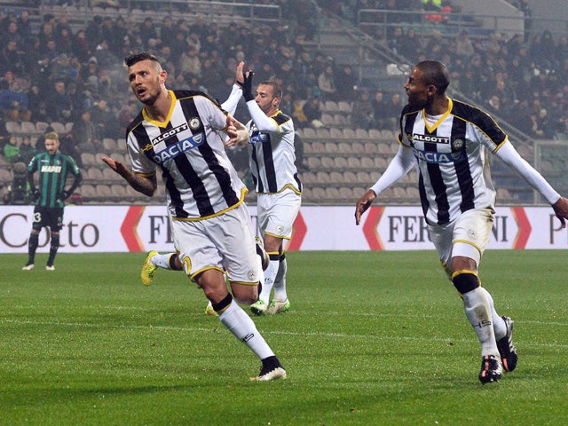 Cyril Thereau # 77 of Udinese Calcio celebrates after scoring hjis team's opening goal during the Serire A match between US Sassuolo Calcio and Udinese Calcio on January 10, 2015 
