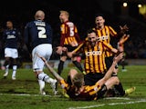 Rory McArdle of Bradford City rushes to congratulate Jon Stead after the second goal during the FA Cup Third Round Replay between Bradford City and Millwall at Coral Windows Stadium, Valley Parade on January 14, 2015