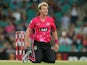 Brett Lee of the Sixers reacts during the Big Bash League match between the Sydney Sixers and Melbourne Renegades at Sydney Cricket Ground on December 19, 2014