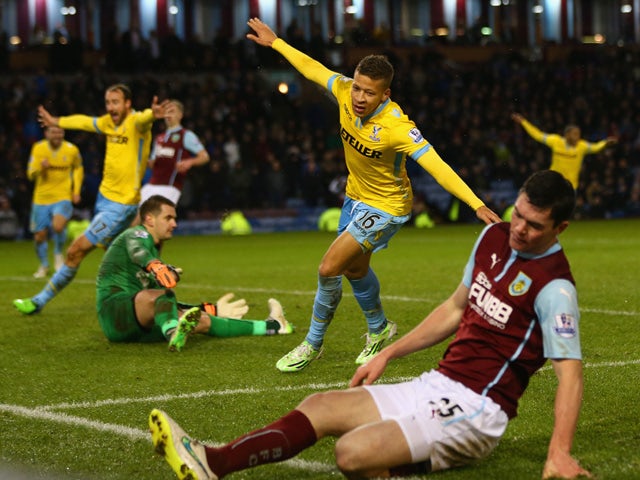 Dwight Gayle of Crystal Palace celebrates scoring their third goal during the Barclays Premier League match between Burnley and Crystal Palace at Turf Moor on January 17, 2015 