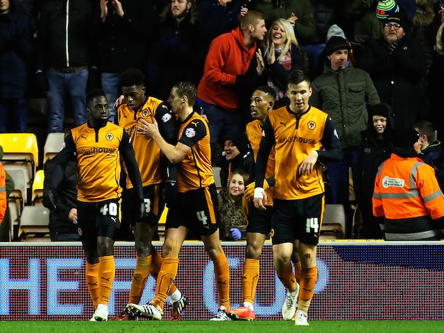 David Edwards of Wolves celebrates with team-mates after scoring his team's first goal during the FA Cup third round replay match against Fulham on January 13, 2015