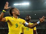 Gabon's forward Pierre-Emerick Aubameyang celebrates after scoring a goal during the 2015 African Cup of Nations group A football match between Burkina Faso and Gabon at Bata Stadium in Bata on January 17, 2015