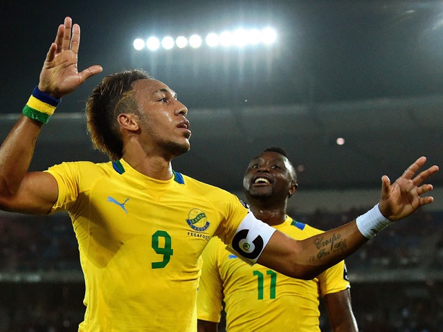Gabon's forward Pierre-Emerick Aubameyang celebrates after scoring a goal during the 2015 African Cup of Nations group A football match between Burkina Faso and Gabon at Bata Stadium in Bata on January 17, 2015