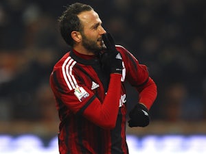 Giampaolo Pazzini of AC Milan celebrates after scoring the opening goal during the TIM Cup match against US Sassuolo Calcio on January 13, 2015