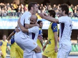 Gonzalo Rodriguez # 2 of ACF Fiorentina celebrates after scroing the opening goal during the Serie A match against AC Chievo Verona on January 18, 2015