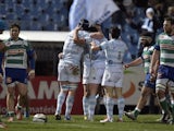 Henry Chavancy celebrates after scoring a try for Racing Metro during their match with Treviso on January 18, 2015