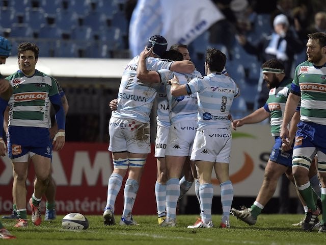Henry Chavancy celebrates after scoring a try for Racing Metro during their match with Treviso on January 18, 2015