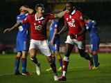 Jay Emmanuel-Thomas (r) of Bristol City celebrates scoring with team mate Aden Flint during the FA Cup Third Round Replay against Doncaster Rovers on January 13, 2015