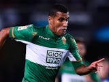 Jonathas Cristian de Jesus of Elche FC runs with the ball during the La Liga match between Real Socided and Elche FC at Estadio Anoeta on November 28, 2014