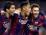 Luis Suarez, Neymar and Lionel Messi of Barcelona celebrate during the La Liga match against Atletico Madrid on January 11, 2015