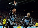 Yoan Gouffran of Newcastle United celebrates after scoring his team's first goal during the Barclays Premier League match between Newcastle United and Southampton at St James' Park on January 17, 2015