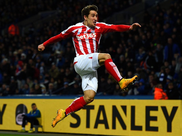 Bojan Krkic of Stoke City celebrates after scoring the opening goal during the Barclays Premier League match between Leicester City and Stoke City at The King Power Stadium on January 17, 2015 