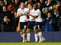 Christian Eriksen of Tottenham Hotspur celebrates scoring his team's second goal with Harry Kane (L) and Danny Rose during the Barclays Premier League match between Tottenham Hotspur and Sunderland at White Hart Lane on January 17, 2015