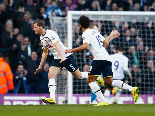 Jan Vertonghen of Tottenham Hotspur celebrates scoring the opening goal with teammates during the Barclays Premier League match between Tottenham Hotspur and Sunderland at White Hart Lane on January 17, 2015