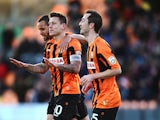Charlie Macdonald celebrates with Luisma Villa and Curtis Weston after he scores to make it 1-0 during the Vanarama Football Conference League match between Barnet and Southport at The Hive on January 24, 2015