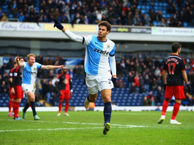 Rudy Gestede of Blackburn Rovers (39) celebrates as he scores their second goal during the FA Cup Fourth Round match between Blackburn Rovers and Swansea City at Ewood park on January 24, 2015