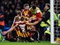 Andrew Halliday of Bradford City is congratulated by teammates after scoring his team's third goal during the FA Cup Fourth Round match between Chelsea and Bradford City at Stamford Bridge on January 24, 2015