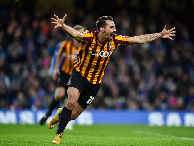 Filipe Morais of Bradford City celebrates after scoring his team's second goal to level the scores at 2-2 during the FA Cup Fourth Round match between Chelsea and Bradford City at Stamford Bridge on January 24, 2015