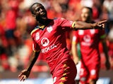 Bruce Djite of Adelaide United celebrates after scoring a goal during the round 16 A-League match between Adelaide United and Newcastle Jets at Coopers Stadium on January 24, 2015