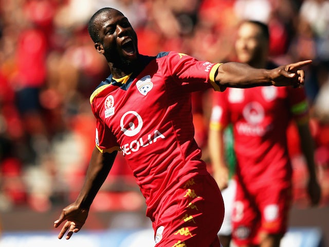 Bruce Djite of Adelaide United celebrates after scoring a goal during the round 16 A-League match between Adelaide United and Newcastle Jets at Coopers Stadium on January 24, 2015