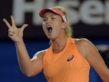 Coco Vandeweghe of the US reacts as she celebrates after victory in her women's singles match against Australia's Samantha Stosur on day four of the 2015 Australian Open tennis tournament in Melbourne on January 22, 2015