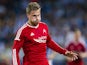 David Goodwillie of Aberdeen FC controls the ball during the UEFA Europa League third round qualifying first leg match against Real Sociedad on August 12, 2014