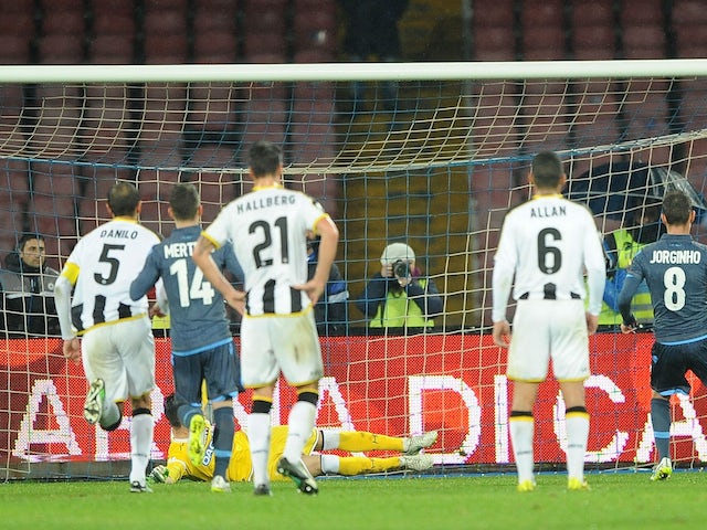 Napoli's player Dries Mertens scores the goal of 1-1 during the TIM CUP match between SSC Napoli and Udinese Calcio at the San Paolo Stadium on January 22, 2015
