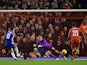 Eden Hazard of Chelsea scores the opening goal past Simon Mignolet of Liverpool from the penalty spot during the Capital One Cup Semi-Final first leg match on January 20, 2015