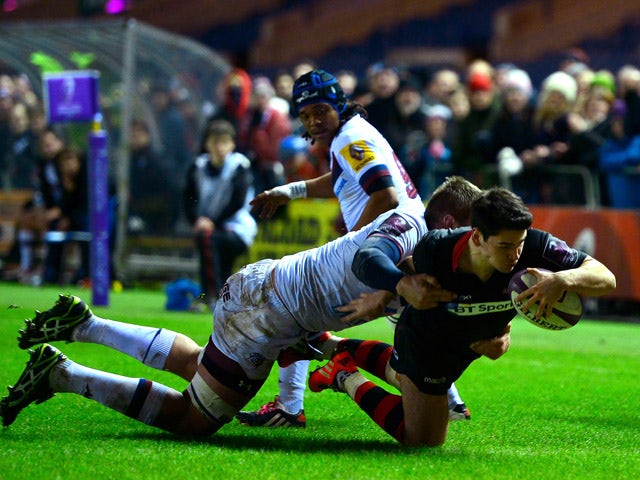 Sam Hidalgo-Clyne of Edinburgh Rugby scores a try in the first half during the European Rugby Challenge Cup Pool 4 match, between Edinburgh Rugby and Bordeaux-Begles at Murrayfield Stadium on January 23, 2015