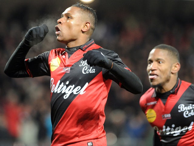 Guingamp's French forward Christophe Mandanne celebrates after scoring a goal during the French L1 football match Guingamp vs Lorient on January 24, 2015