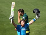 Ian Bell of England celebrates after reaching his century during the One Day International Tri Series match between Australia and England at Blundstone Arena on January 23, 2015