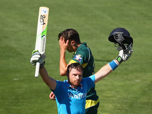 Ian Bell of England celebrates after reaching his century during the One Day International Tri Series match between Australia and England at Blundstone Arena on January 23, 2015
