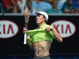 An overheated Kei Nishikori reacts during his first-round match at the Australian Open on January 20, 2015