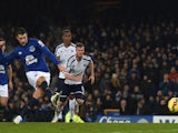 Everton's Belgian striker Kevin Mirallas fires his penalty kick against the post failing to score during the English Premier League football match against West Brom on January 19, 2015