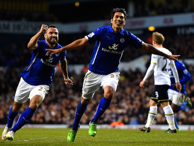 Leonardo Ulloa of Leicester City celebrates after scoring his team's first goal during the FA Cup Fourth Round match against Tottenham Hotspur on January 24, 2015