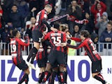 Nice's players celebrate after swedish midfielder Niklas Hult scored a goal during the French L1 football match between Niceand Marseille on Januay 23, 2015