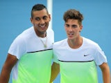 Nick Kyrgios and Thanasi Kokkinakis pose ahead of their doubles match at the Australian Open on January 22, 2015