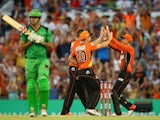  Andrew Tye of the Scorchers celebrates with team mates after taking the wicket of Clint McKay of the Melbourne Stars during the Big Bash League Semi Final match between the Perth Scorchers and the Melbourne Stars at WACA on January 25, 2015