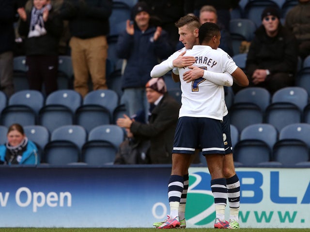 Paul Gallagher of Preston North End celebrates the opening goal with team mate Chris Humphrey during the FA Cup Fourth Round match between Preston North End and Sheffield United at Deepdale on January 24, 2015