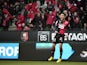 Rennes' French defender Benjamin Andre celebrates after scoring during the French L1 football match Rennes against Caen at the route de Lorient stadium in Rennes, western France, on January 25, 2015