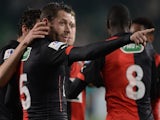 Rennes defender Sylvain Armand celebrates after scoring a penalty against Reims on January 22, 2015