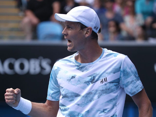 Tomas Berdych of the Czech Republic celebrates winning in his fourth round match against Bernard Tomic of Australia during day seven of the 2015 Australian Open at Melbourne Park on January 25, 2015