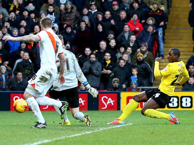 Odion Ighalo of Watford scores the teams third goal of the game during the Sky Bet Championship match between Watford and Blackpool at Vicarage Road on January 24, 2015